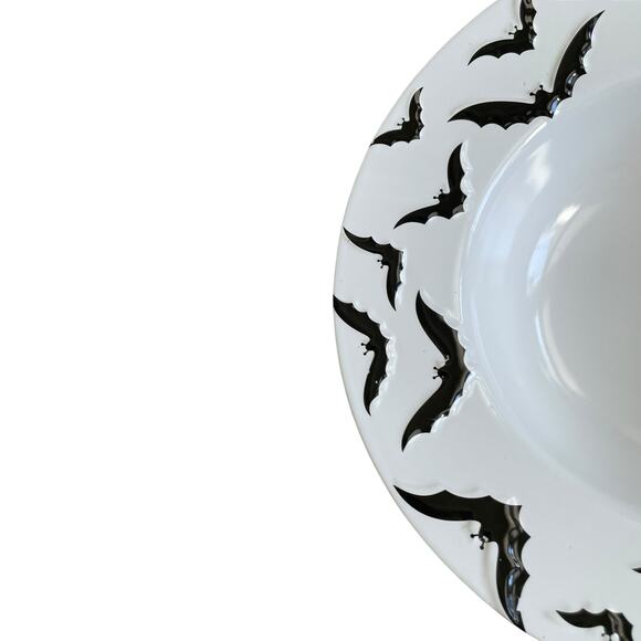 Halloween Embossed Bat Serving Bowl 13in Ceramic Black & White Spooky Boo NEW - Picture 6 of 13
